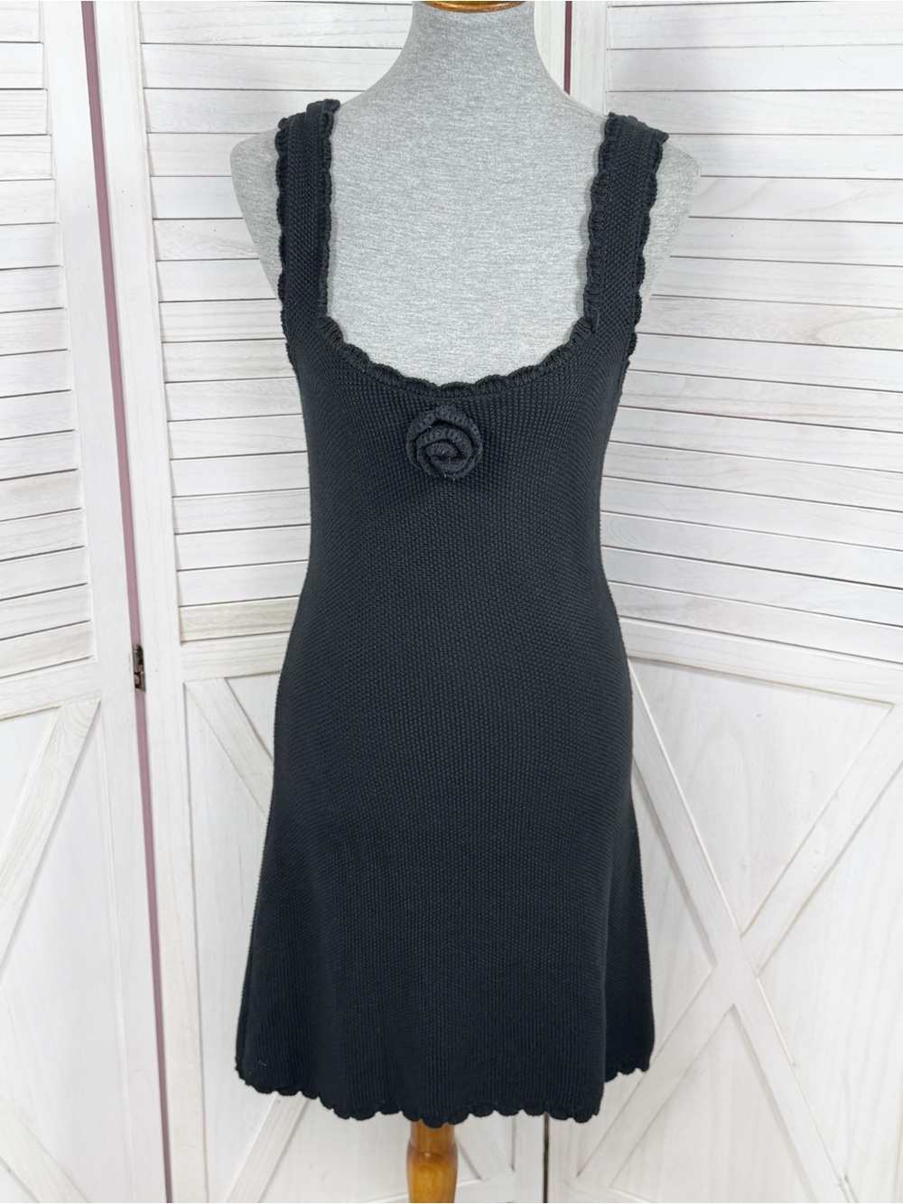 Wild Fable Rosette Waffle Knit Scoop Neck Mini Dress Black Medium Resort Beach
